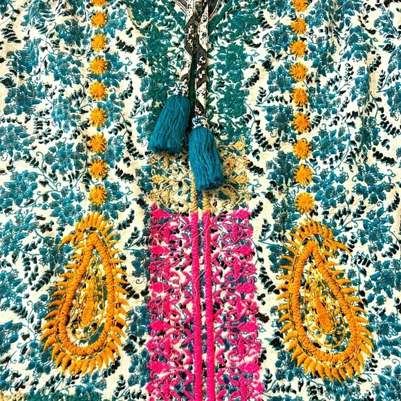 John Mark Boho Embroidered Floral 3/4 Sleeve Peasant Tunic Top Turquoise Small - Picture 4 of 15